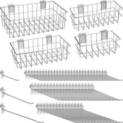 Yaocom 94 Pcs Slatwall Accessory 4 Metal Slatwall Baskets 90 Slatwall Hooks 4'' 6'' 8'' Slat Wall Hooks Hanging Storage Baskets for Shops Rooms