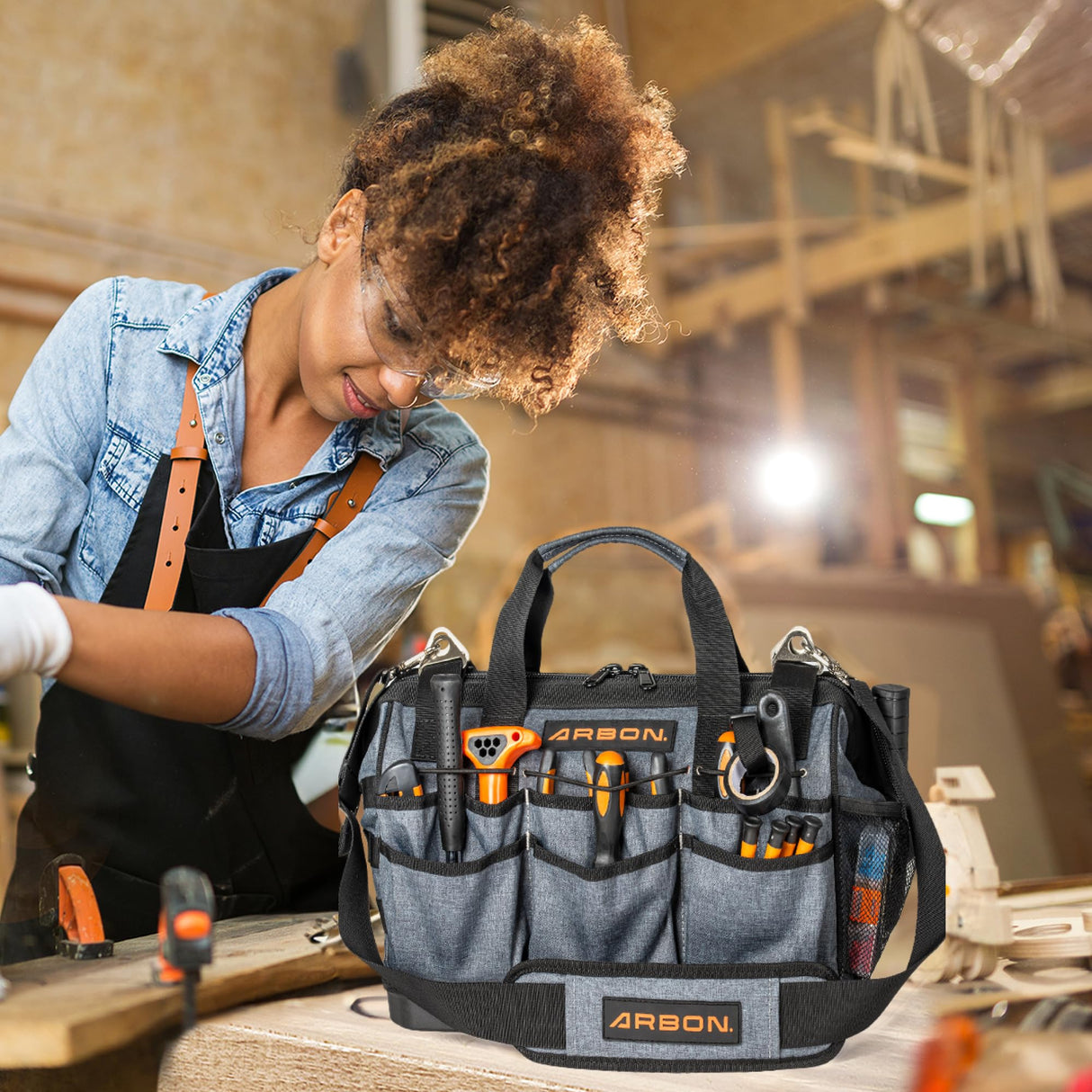 ARBON Tool Bag 16 Inch with Molded Base MOLLE System Heavy Duty Open Mouth Top Large Toolbag Tote Box Bags Storage Organizer for Men and Women Arbon