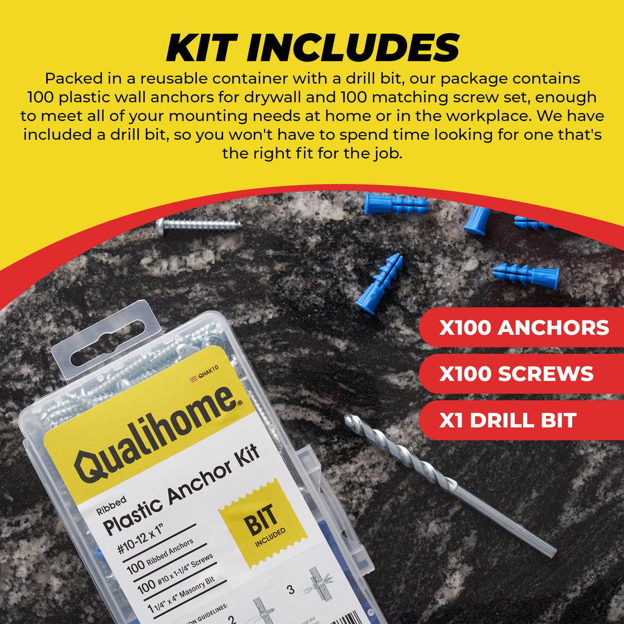 Qualihome Ribbed Plastic Drywall Anchor Kit - Wall Anchors and Screws for Drywall Includes Anchors, & Screws, 1 Masonry Drill Bit - Mounting Tolls Qualihome