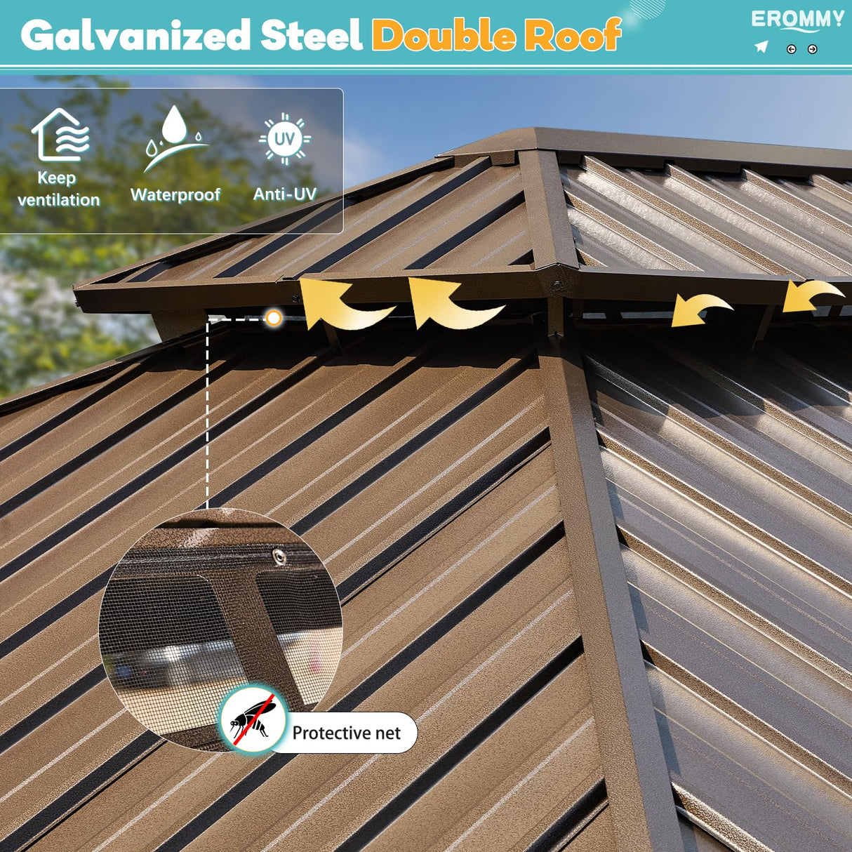 EROMMY 12'x 14' Hardtop Gazebo, Galvanized Steel Double Roof Metal Gazebo with Aluminum Frame, Permanent Outdoor Pavilion with Curtain and Netting EROMMY