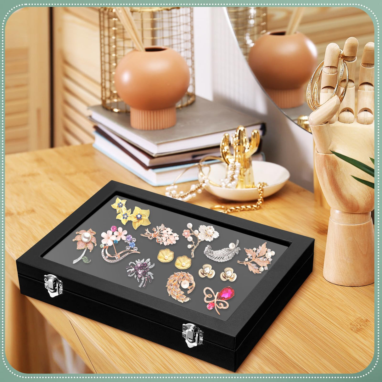 Huquary 3 Pcs Jewelry Display Cases Wooden Jewelry Box Glass Top Display Cases for Collectables with Glass Window on Top Display Case Organizer for Huquary