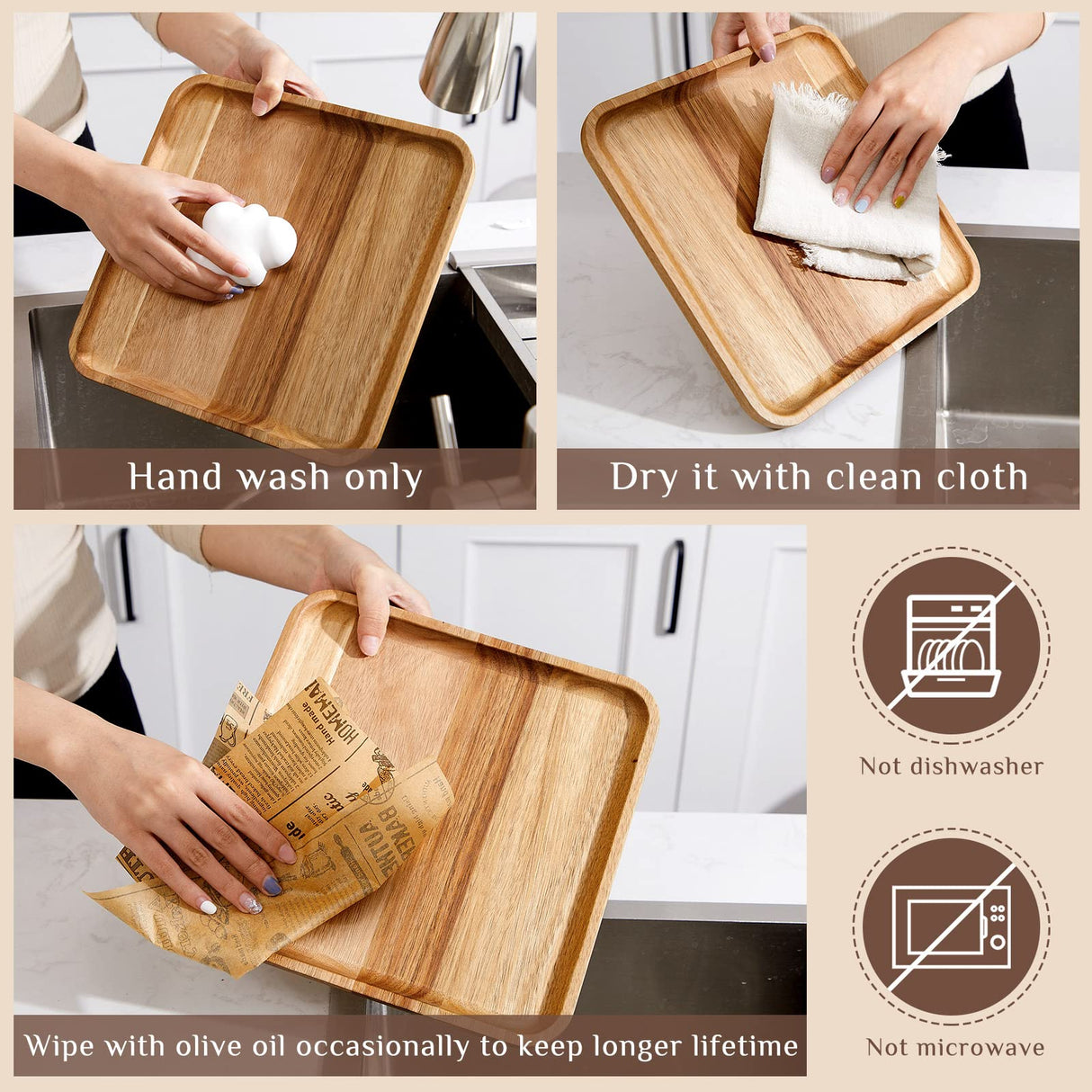 Didaey 6 Pcs Acacia Wood Square Plates 10" Wooden Plates Serving Trays for Meal Dishes Snack Dessert Easy Cleaning and Lightweight Didaey