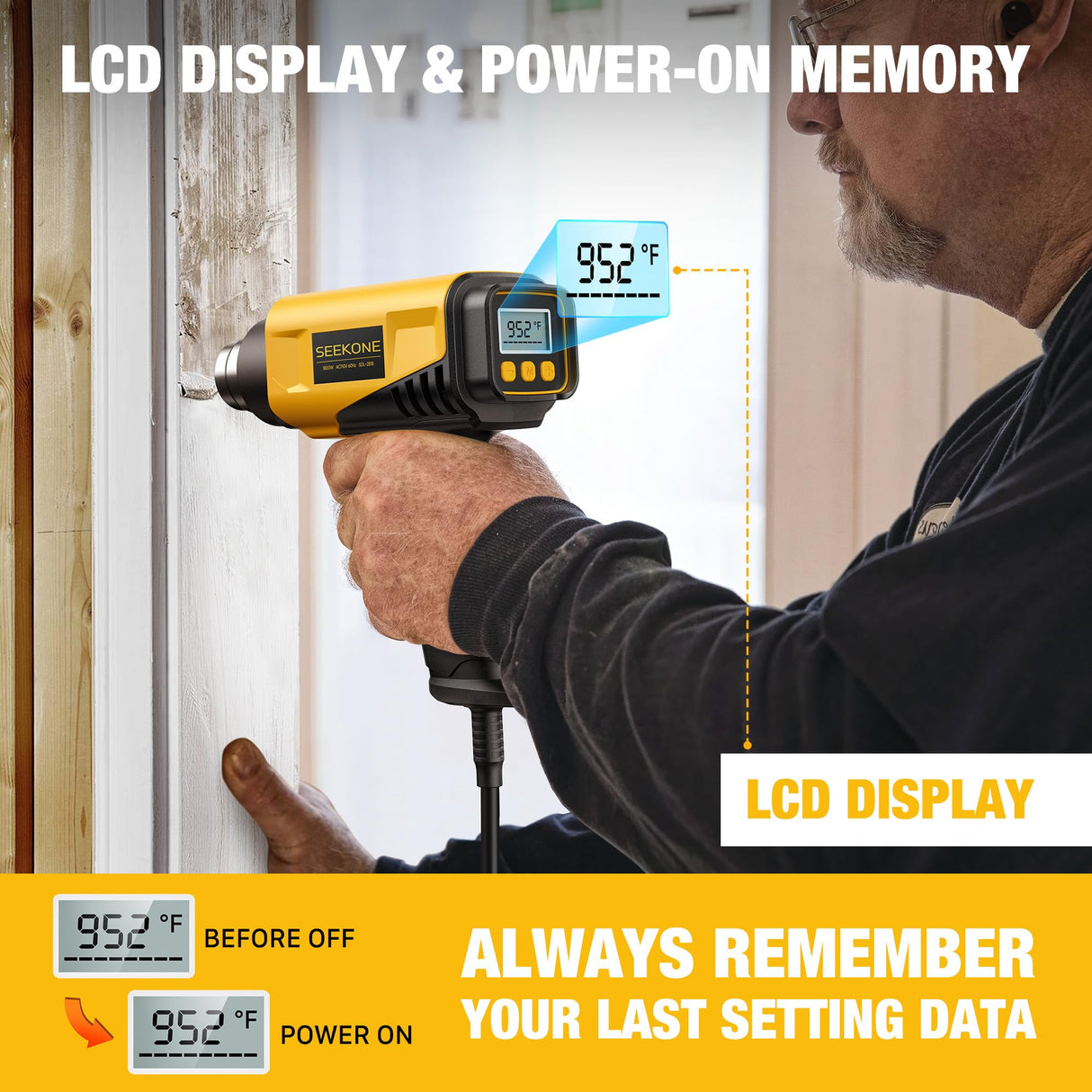 SEEKONE 1800W Heat Gun with LCD Digital Display Compact Design Hot Air Gun Variable Temperature Control 122℉~1202℉(50℃- 650℃)with Memory Function and SEEKONE