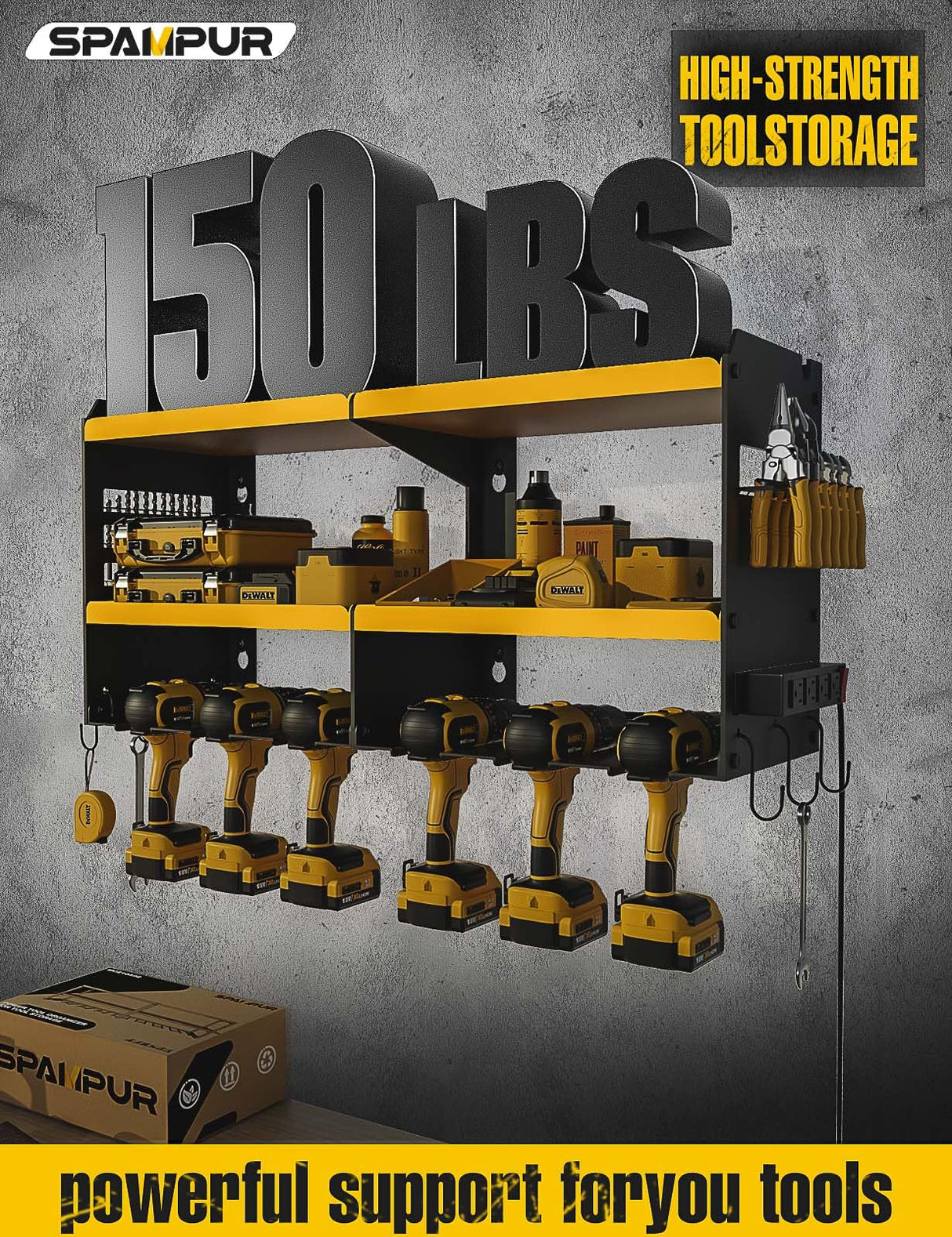 Spampur Power Tool Organizer Wall Mount with Charging Station, 6 Drill Holders Tool Shelf, Heavy Duty Garage shelves Utility Tool Storage, Tool Spampur
