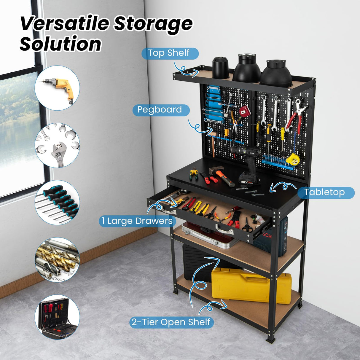 S AFSTAR Garage Workbench with Drawers, 32 x 16 Inches Tool Storage Workbench with Peg Board & 2 Lower Shelves, 14 Hanging Accessories, 220 LBS S AFSTAR