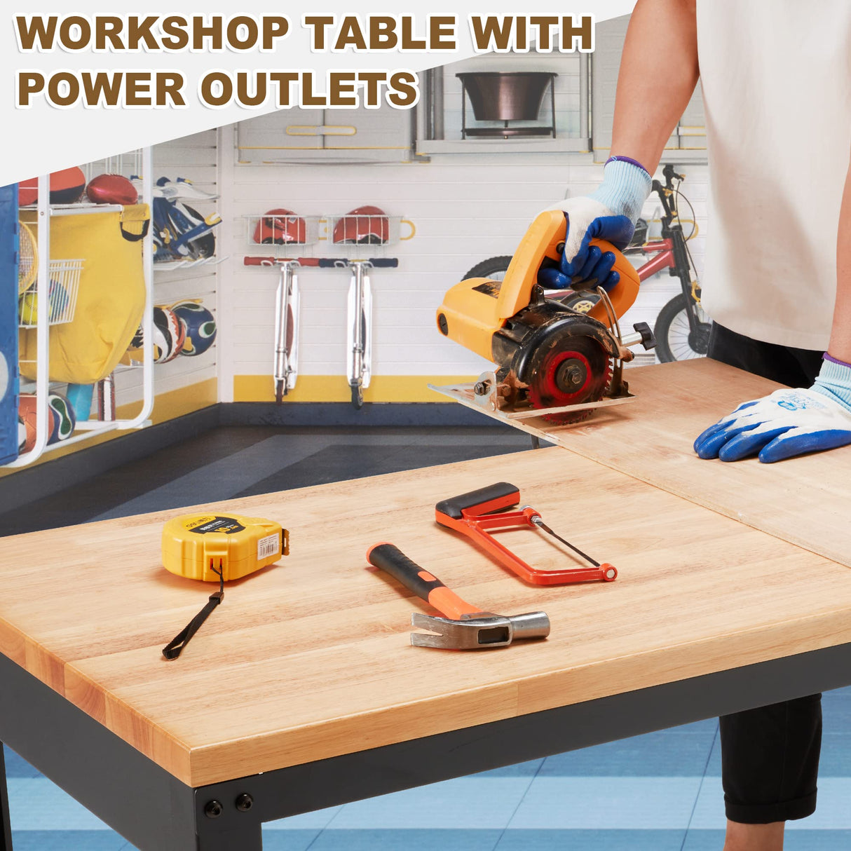 HABUTWAY Height Adjustable Workbench 48" 2000 Lbs Capacity Oak Wood Work Station Heavy-Duty Work Benches with Power Outlets for Garage Party Shop HABUTWAY