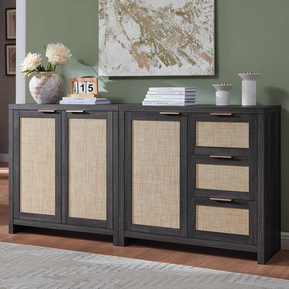 OAKHAM HOME Hampstead Storage Cabinet Set, Rattan Sideboard Buffet Cabinet with 3 Doors and 3 Drawers, 65.4" Large Kitchen Cabinet Console Cabinet OAKHAM HOME