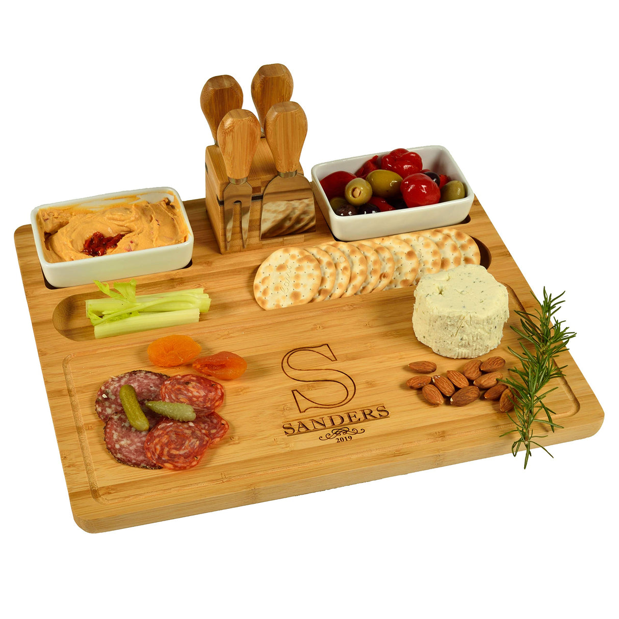 Custom Personalized Engraved Bamboo Cheese/Charcuterie Cutting Board with Ceramic Bowls, Cheese Tools & Cheese Markers-Designed & Quality Checked in Picnic at Ascot