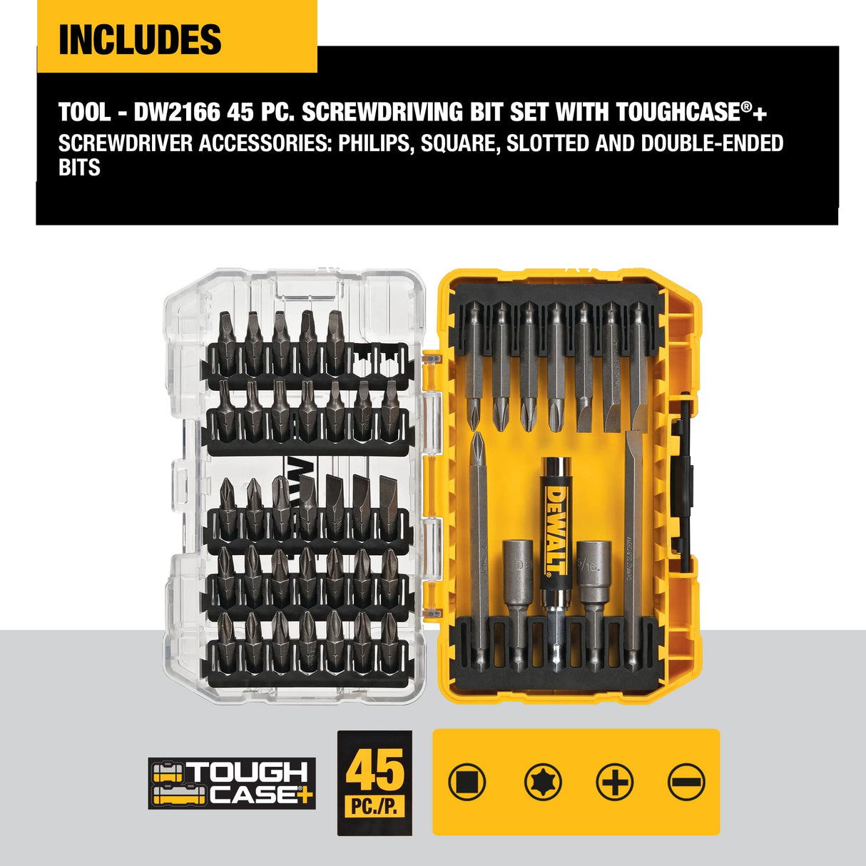 DEWALT Screwdriver Bit Set with Tough Case, 45-Piece (DW2166),Grey/Silver Screwdriving Set With Tough Case DEWALT