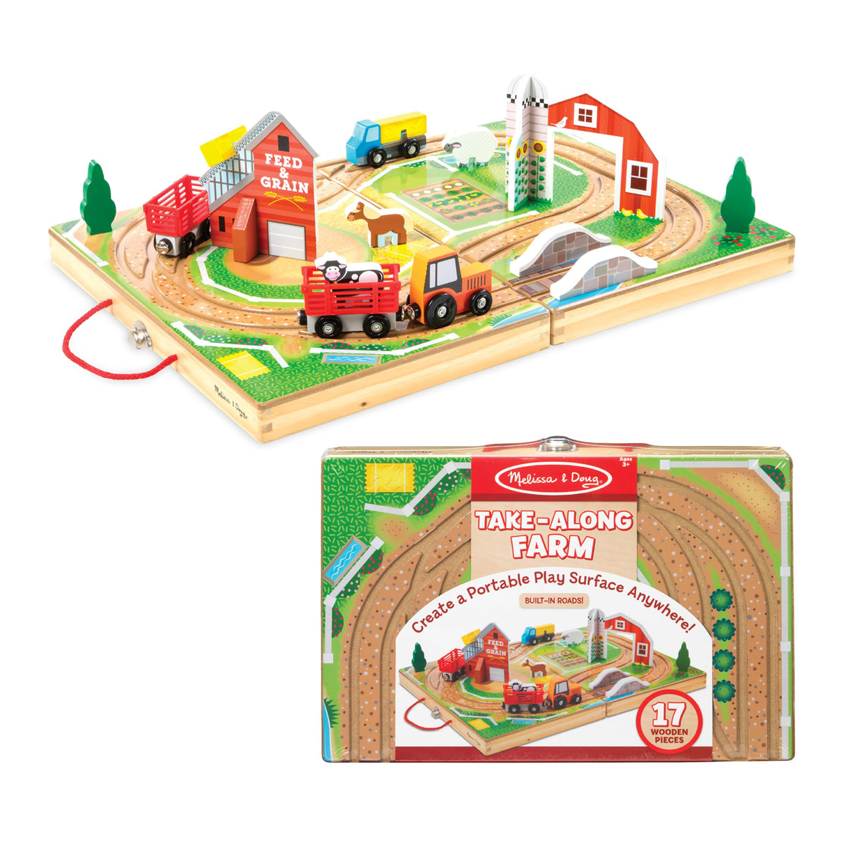 Melissa & Doug 17-Piece Wooden Take-Along Tabletop Farm, 4 Farm Vehicles, Play Pieces , Grain House - Take-Along Pretend Play Toy Barn Farm Toys For Melissa & Doug