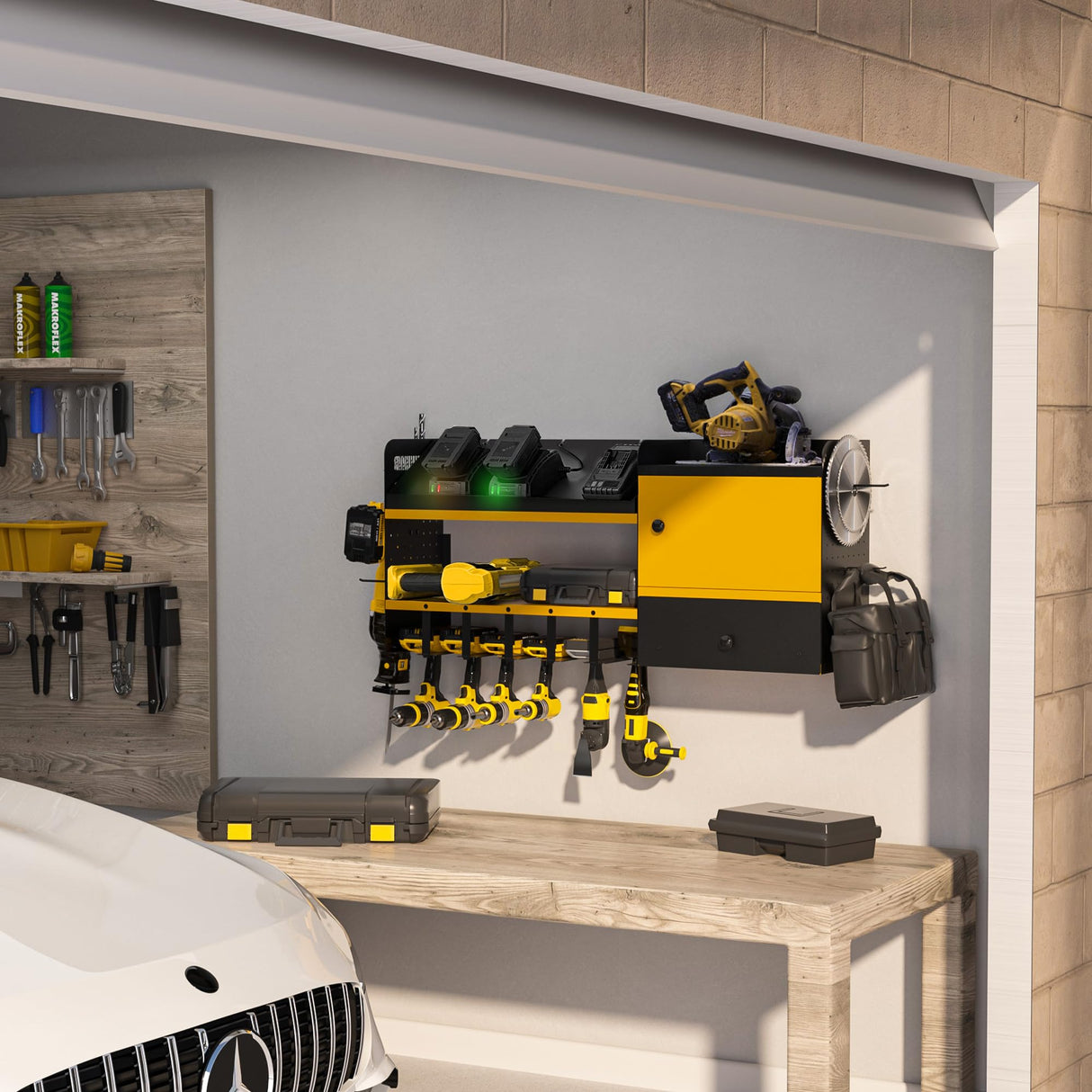 GDLF Heavy Duty Power Tool Organizer with Charging Station, Extra Large Wall Mount Garage Organizer with Battery Organization Cabinet & Drawer GDLF