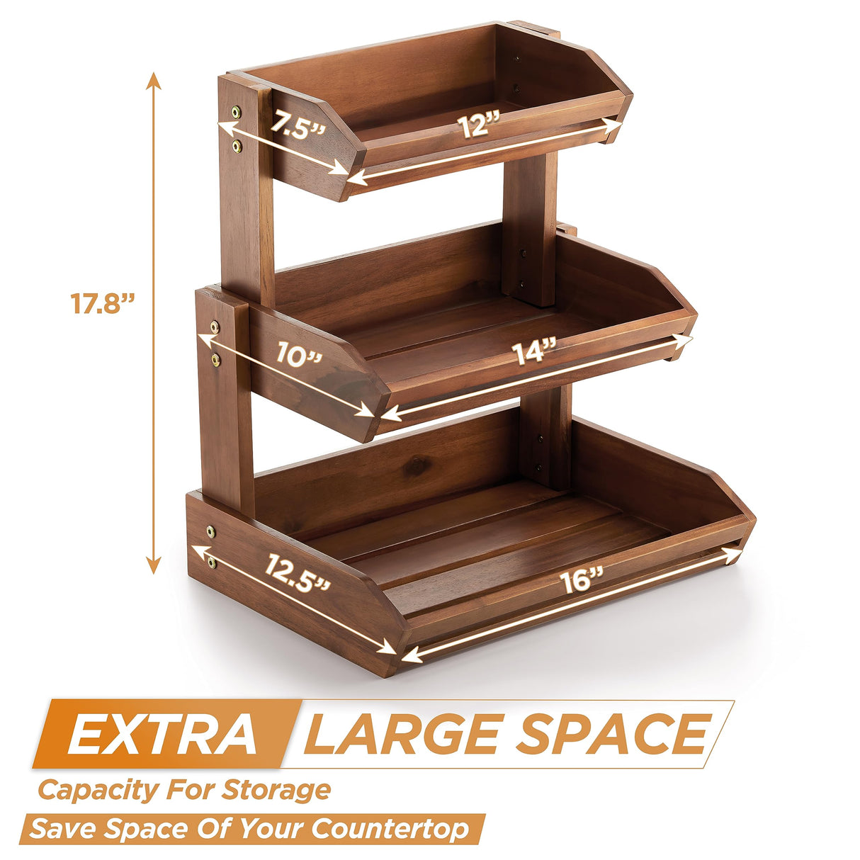 HOLANA Acacia Wood Fruit Basket - 3-Tier Fruit Bowl for Kitchen Counter, Extra Large 16x12.5x18 in, Fruteros Para Cocina, Fruit and Vegetable Storage HOLANA