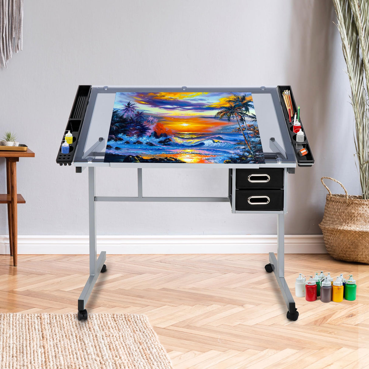 LEMY Drafting Table, Height Adjustable Artist Desk with Slide Storage Drawers and Wheels, Work/Art Station for Drawing, Writing, Home Office LEMY