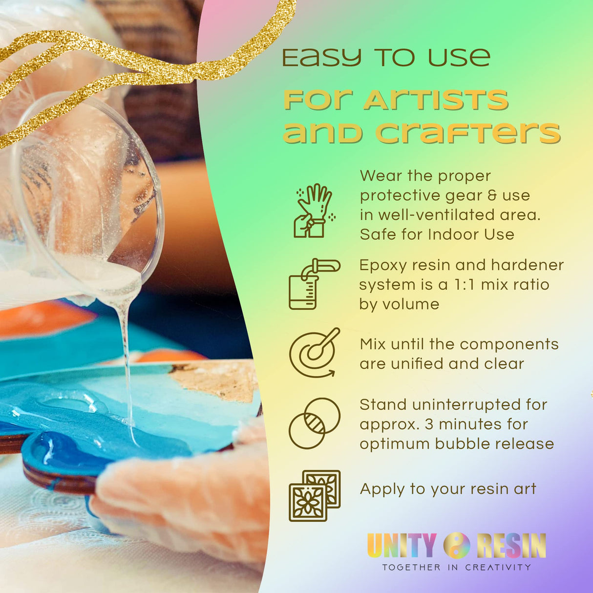 UNITY RESIN- Premium 1 Gallon Epoxy Resin, Crystal Clear & Low Bubbles, Non-Yellow UV Protection with HALS, Versatile & Easy-to-Use 1:1, Coating & Unity Resin