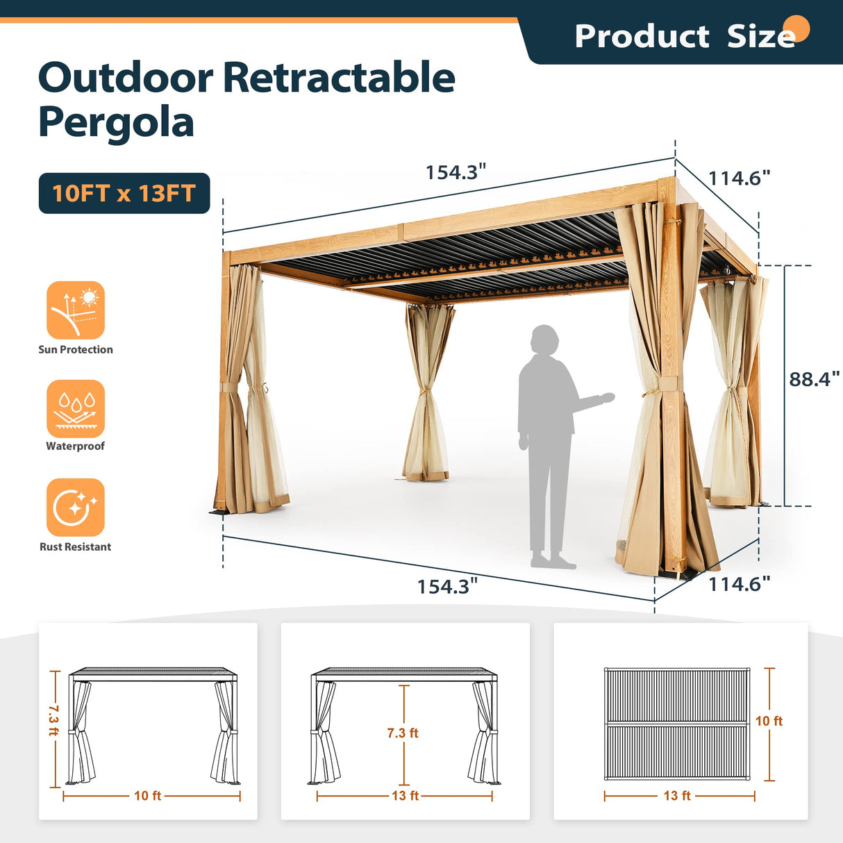 HAPPATIO Louvered Pergola 10x13 Outdoor Pergola, Woodgrain-Look Metal Pergola with Adjustable Rainproof Roof, Patio Pergola with Curtains and HAPPATIO