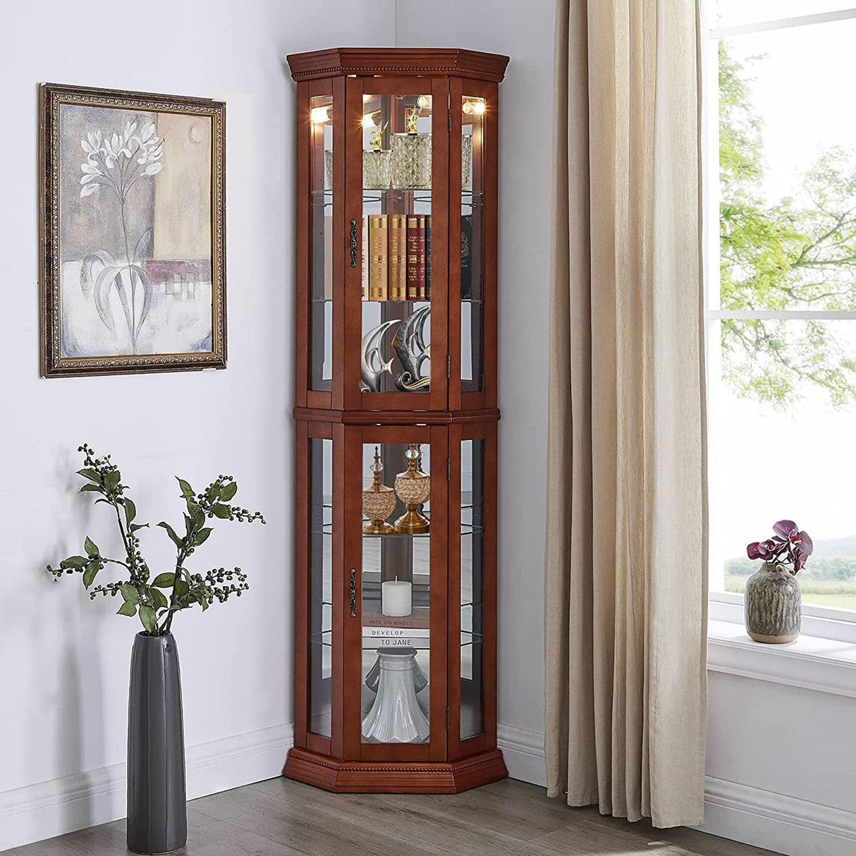 Hayiodda Corner Curio Glass Display Cabinet - Lighted Corner Curio China Cabinet with Mirrored Back, China Display Cabinet with Glass Doors and Hayiodda