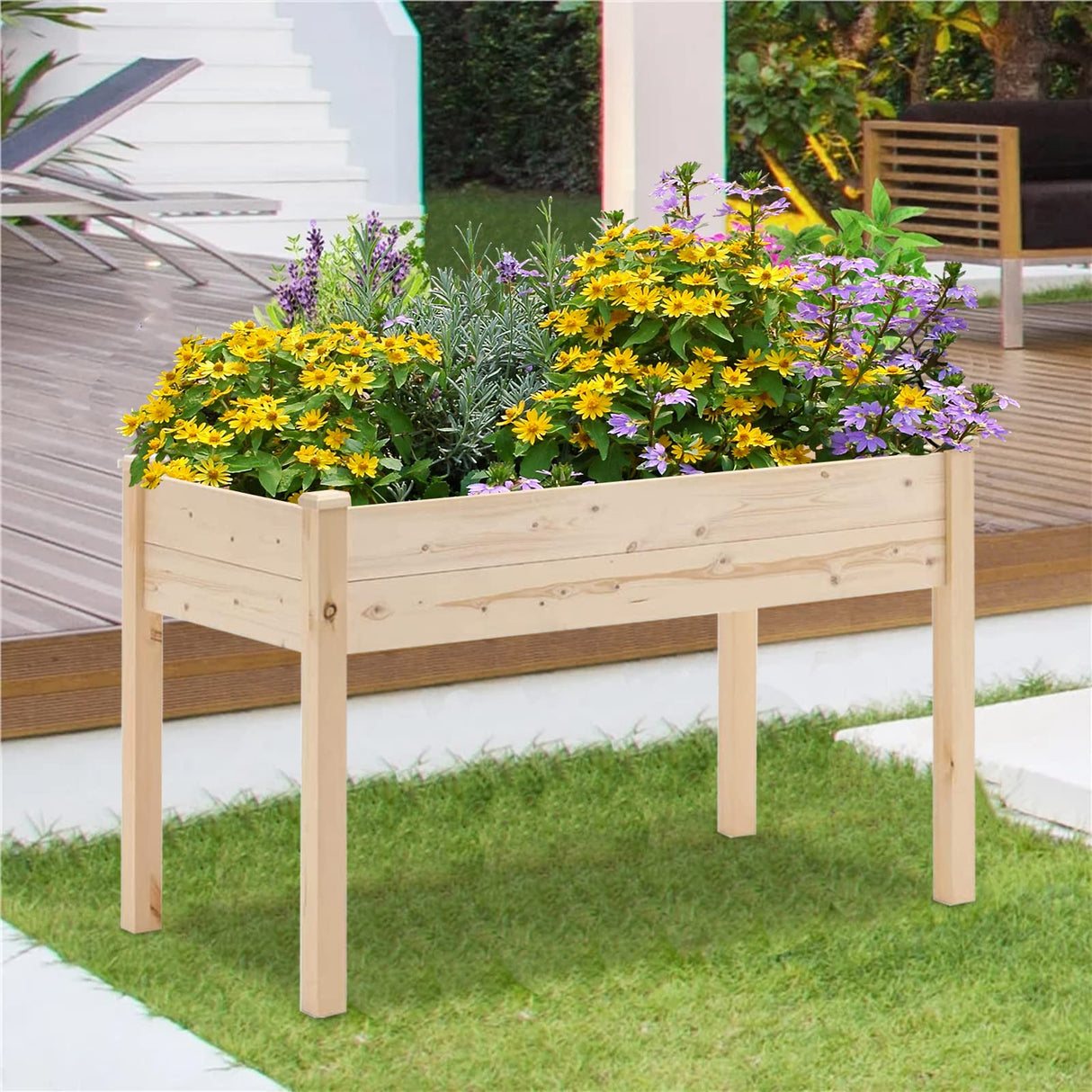 Patiomore 4 Feet Outdoor Wooden Raised Garden Bed Planter Box Kit for Vegetable and Fruit Herb Growing, Patio or Balcony Gardening, Natural Patiomore