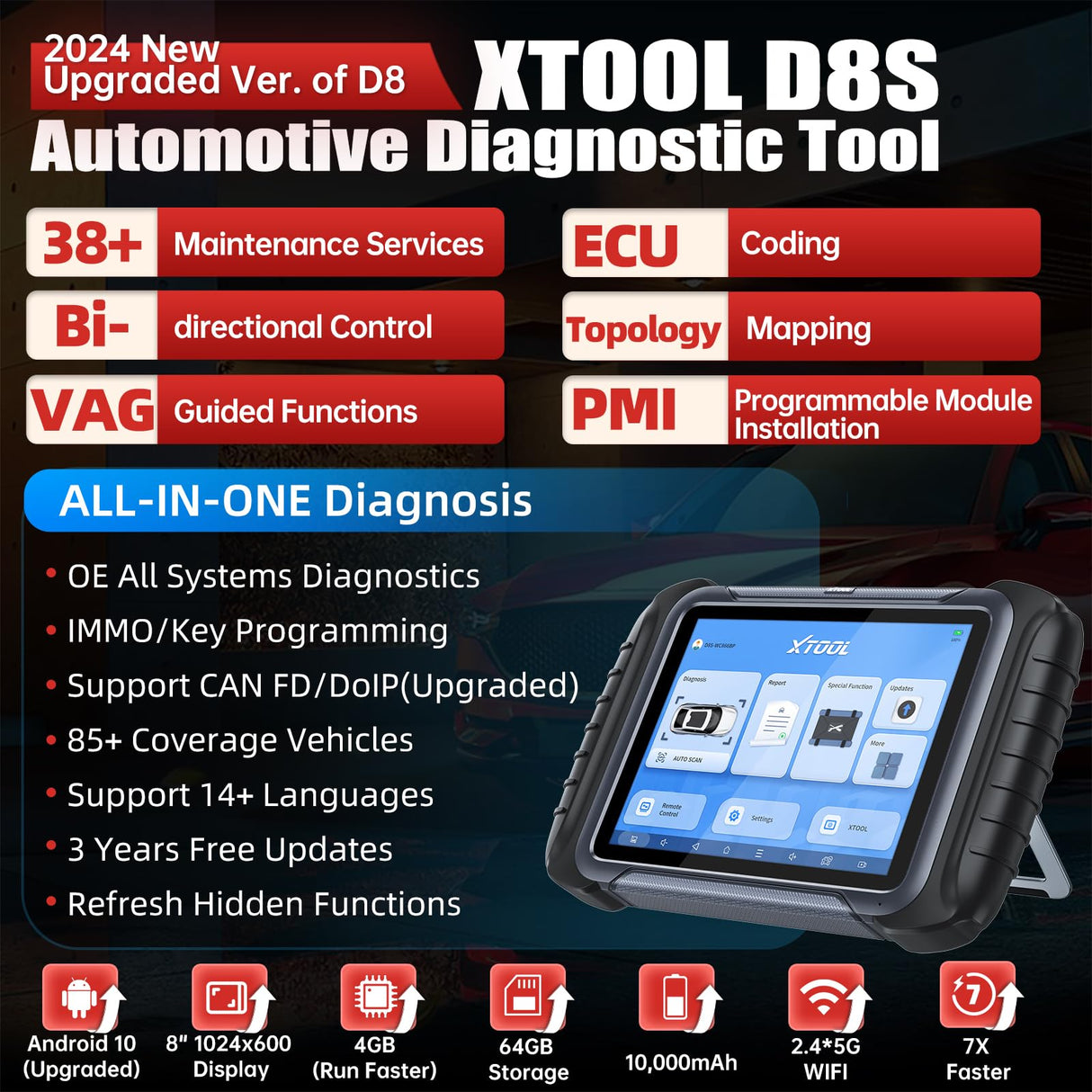 XTOOL D8S Bidirectional Automotive Diagnostic Scan Tool, 3-Year Update, Topology Mapping, ECU Coding/38+ Services/Full Diagnostic Scanner/Crankshaft XTOOL