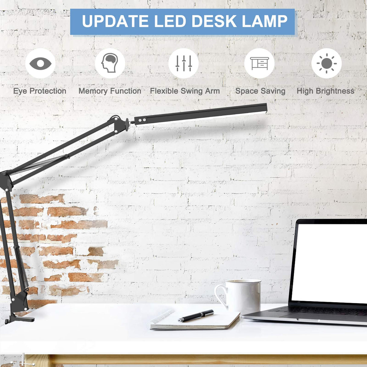 LED Desk Lamp,Adjustable Swing Arm Desk Lamp with Clamp,Dimmable Desk Light Eye-Care Table Light, Memory Function, 3 Color Modes, 10-Level Brightness Beetwo