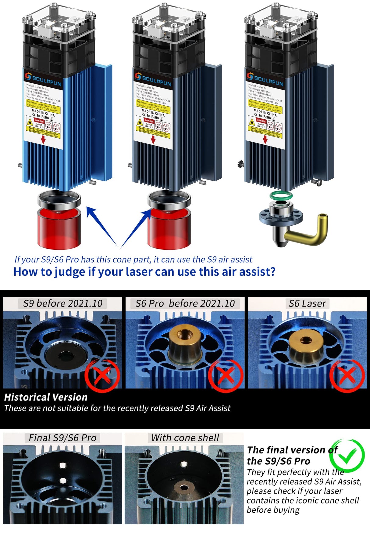 SCULPFUN S9 Air Assist Nozzle,SCULPFUN S9 Laser Engraver Upgrade Accessories,Metal Structure,Easy to Install,Clean Cutting Engraving Wood Acrylic SCULPFUN