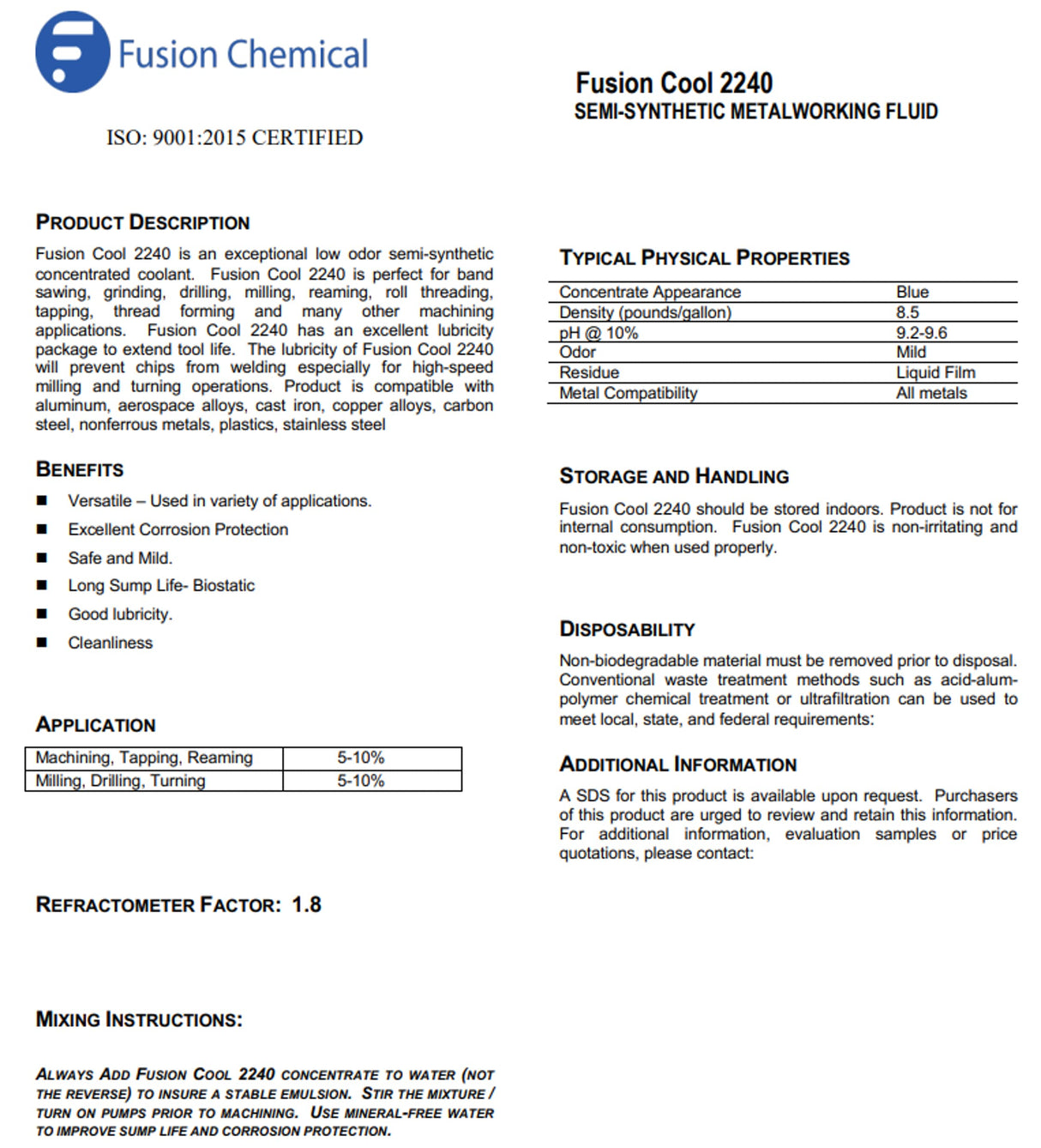 Machining and Grinding Fluid | Fusion Cool 2240 | General Purpose Coolant for Cutting and Grinding Machine Shop Operations | Semisynthetic (1 Gallon) Fusion Chemical