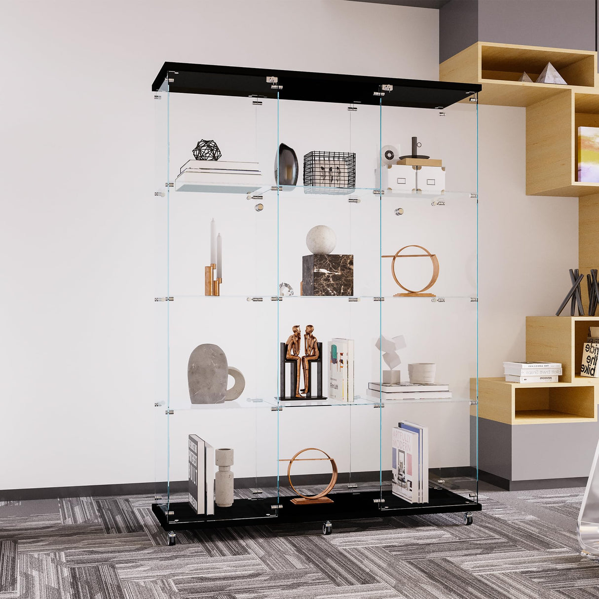 HomVent Modern 4-Shelf Glass Display Cabinet with Lock and Doors for Collectibles and Decorative Items HomVent