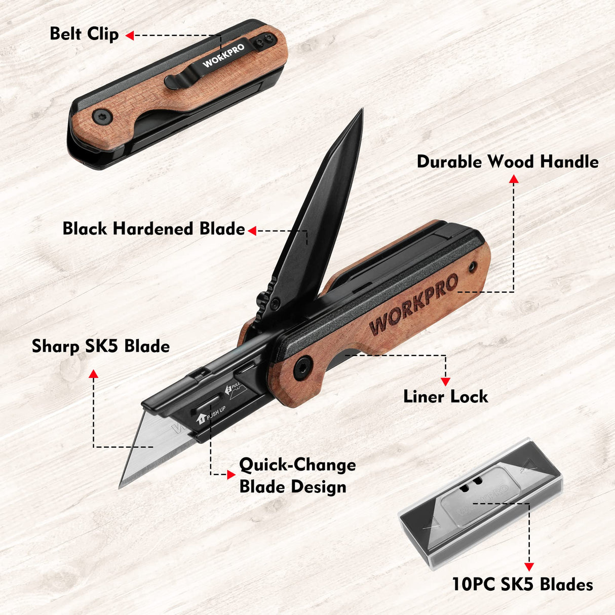 WORKPRO 2-in-1 Folding Knife/Utility Knife, Quick-Change Box Cutter with Belt Clip and Liner Lock, Extra 10 SK5 Blades Included WORKPRO