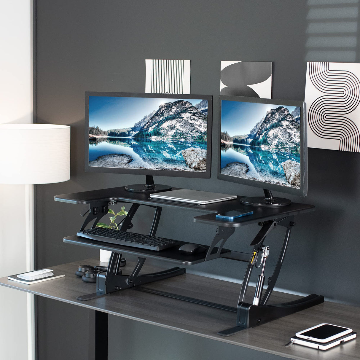 VIVO 36 inch Height Adjustable Stand Up Desk Converter, V Series, Quick Sit to Stand Tabletop Dual Monitor Riser Workstation, Black, DESK-V000V VIVO