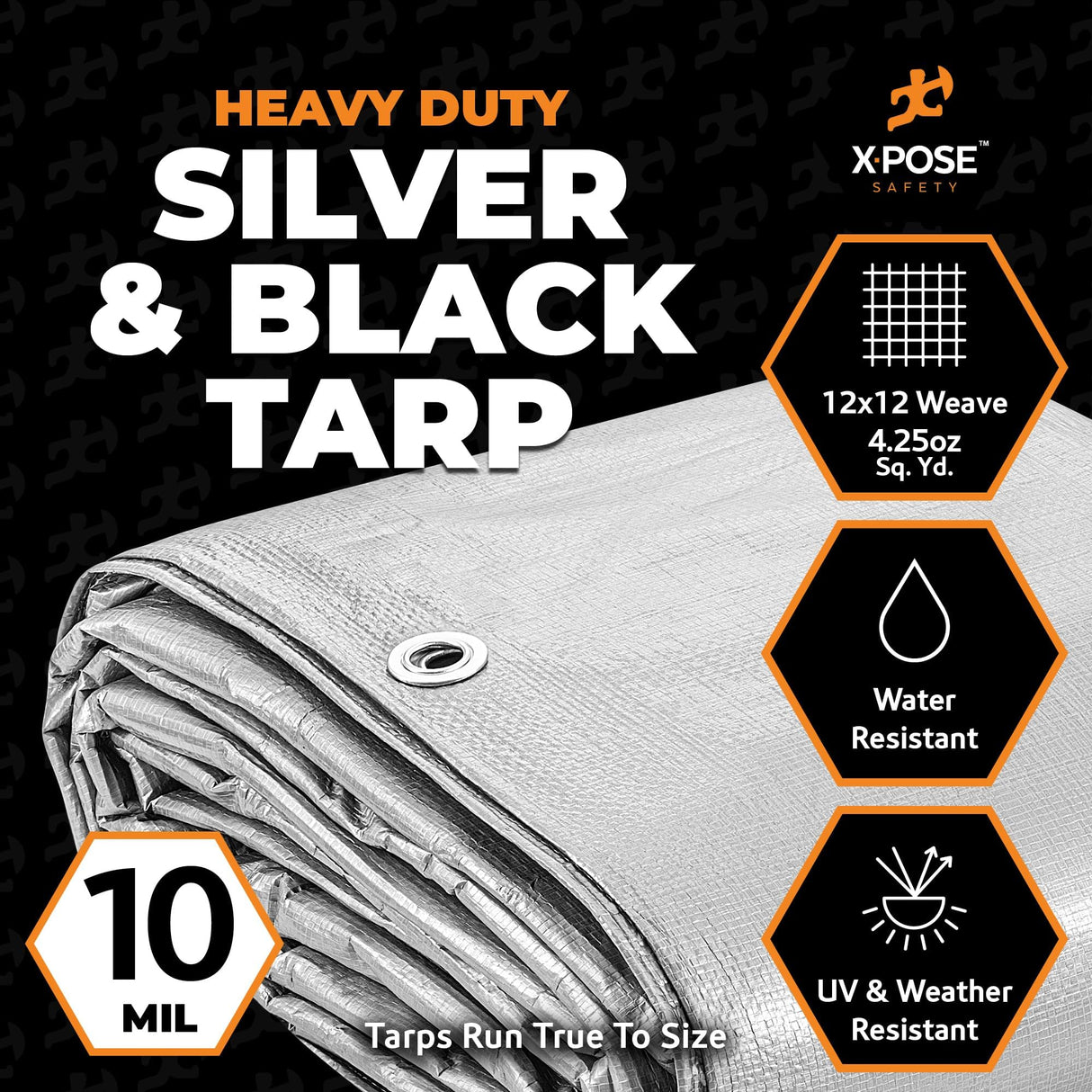 Heavy Duty Poly Tarp - 12' x 20' - 10 Mil Thick Waterproof, UV Blocking Protective Cover - Reversible Silver and Black - Laminated Coating - Grommets Xpose Safety