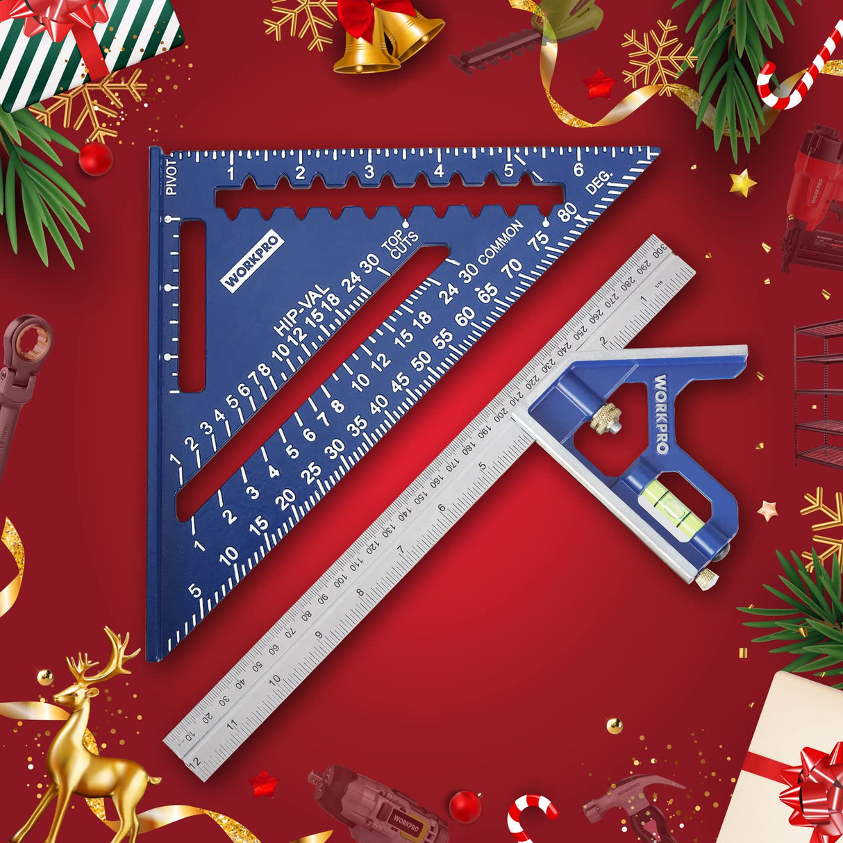 WORKPRO Aluminum Alloy Carpenter Square and Zinc-Alloy Square Ruler Set - 7 in. Rafter Layout Tool and 12 in. Combination Square Combo WORKPRO