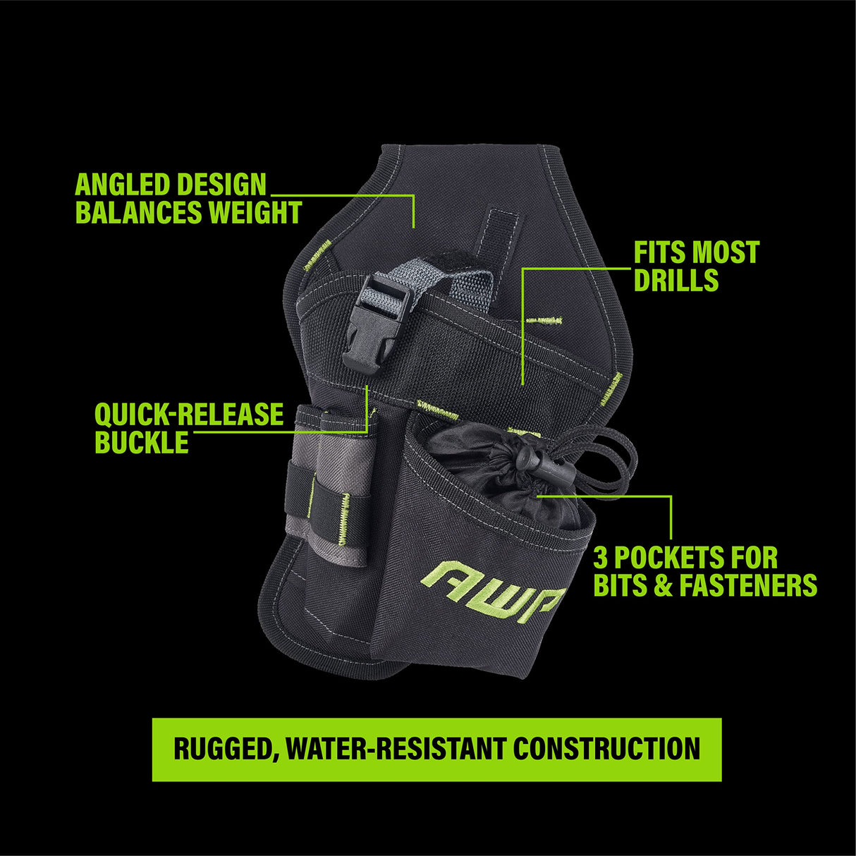 AWP Angled Drill Holster | Heavy-Duty Polyester Drill Holster Designed to Sit on Belt and Hold Weight Evenly | Black | Fits Most Drills AWP