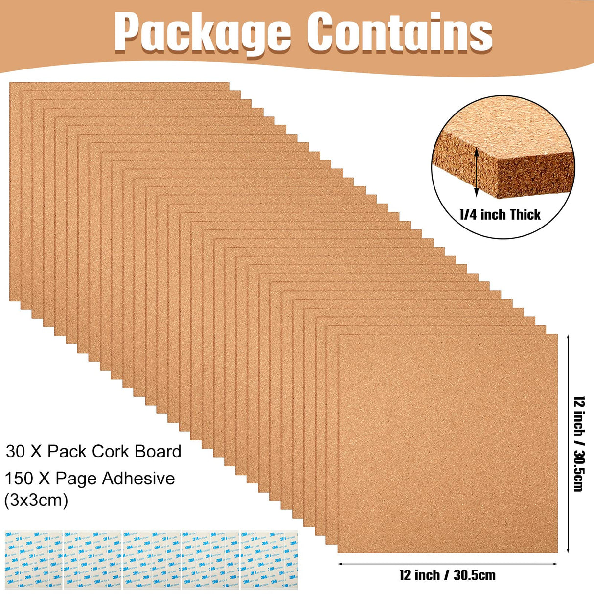 Kosiz 30 Pack Cork Board for Wall 12" x 12", 1/4" Thick Square Cork Board Tiles Brown Bulletin Corkboards with 150 Self Adhesive for Office Home and Kosiz