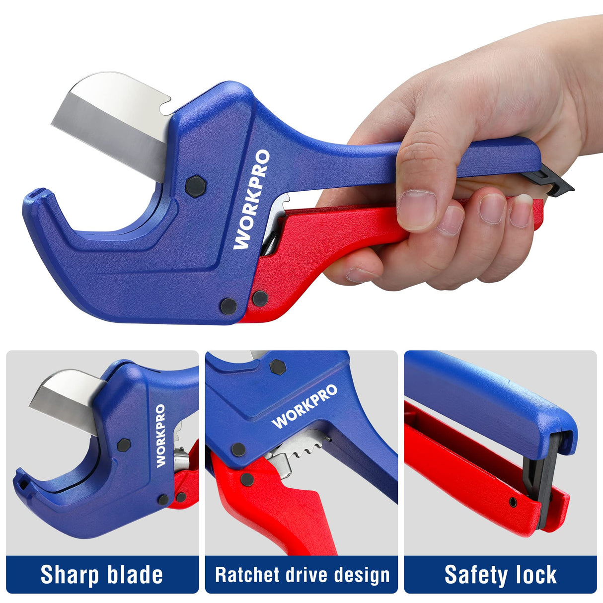 WORKPRO Ratchet PVC Pipe Cutter Tool, up to 1-5/8" PEX, PVC, PPR and Plastic Hoses, Pipe Cutters with Sharp 5Cr15MoV Stainless Steel Blades, Suitable WORKPRO