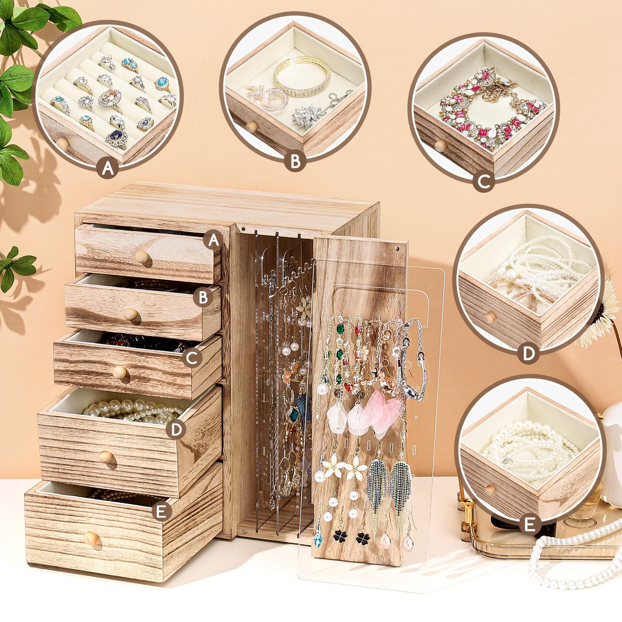 Homde Wood Jewelry Organizer 5 Layer Jewelry Box for Rings, Necklaces, Earrings, Bracelets, Watches Rustic Jewelry Boxes & Organizers for Women Homde