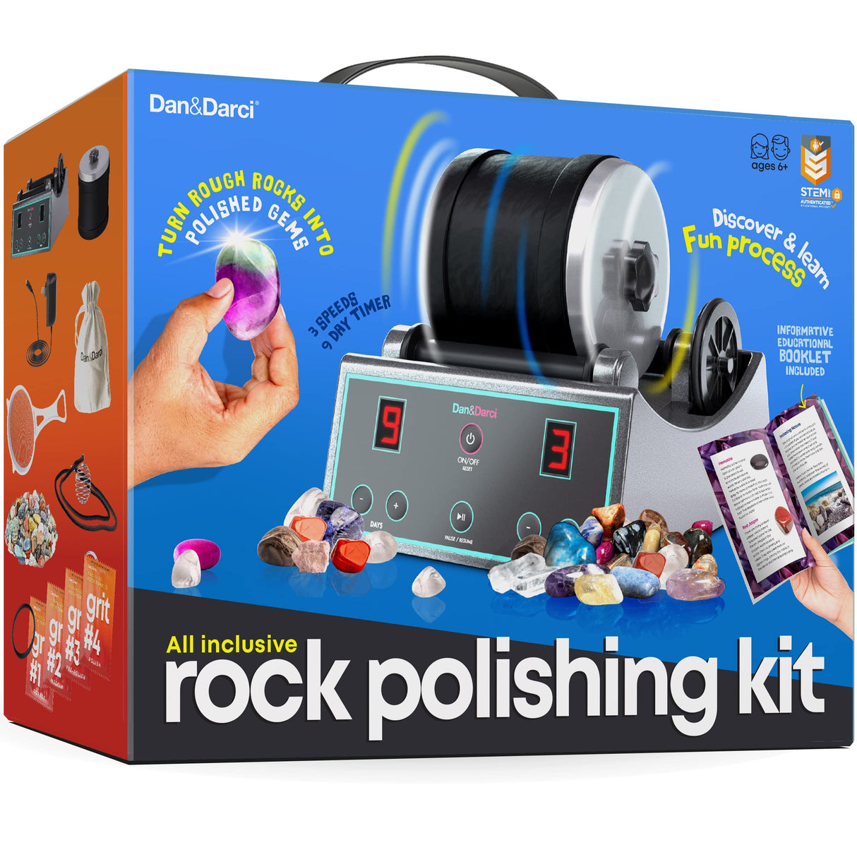 Advanced Professional Rock Tumbler Kit - with Digital 9-Day Polishing Timer & 3 Speed Settings - Turn Rough Rocks into Beautiful Gems : Great Science Dan&Darci