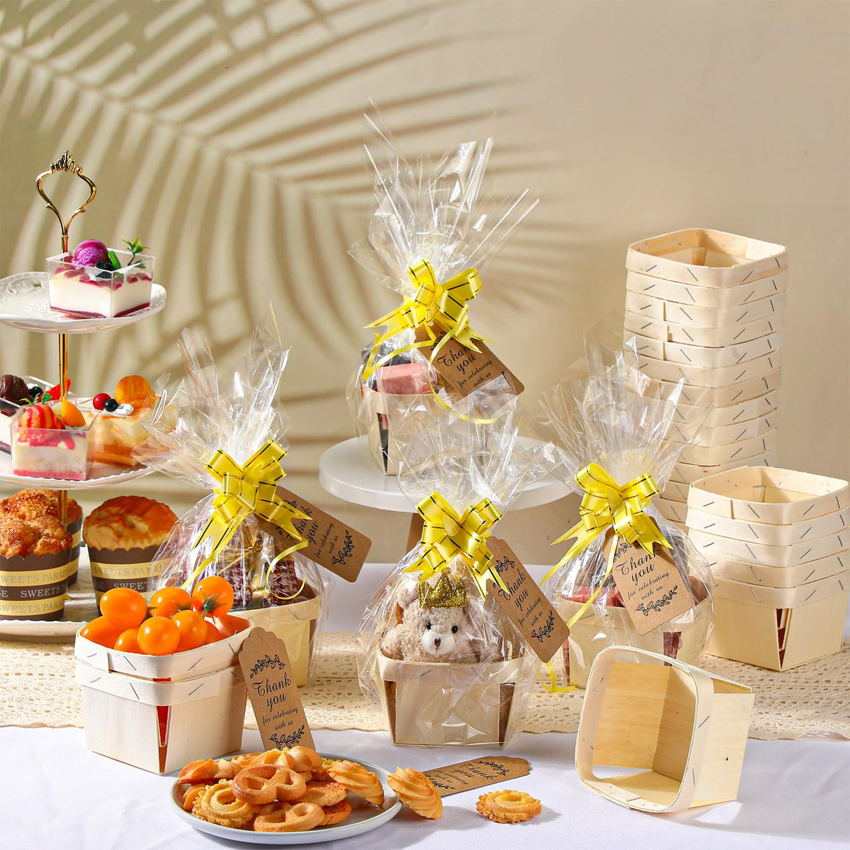 Pinkunn 30 Set Wooden Gift Baskets 4 x 4 x 2.5 Wood Basket DIY Square Wood Gift Boxes with Plastic Paper Thank You Cards and Pull Bows for Christmas Pinkunn