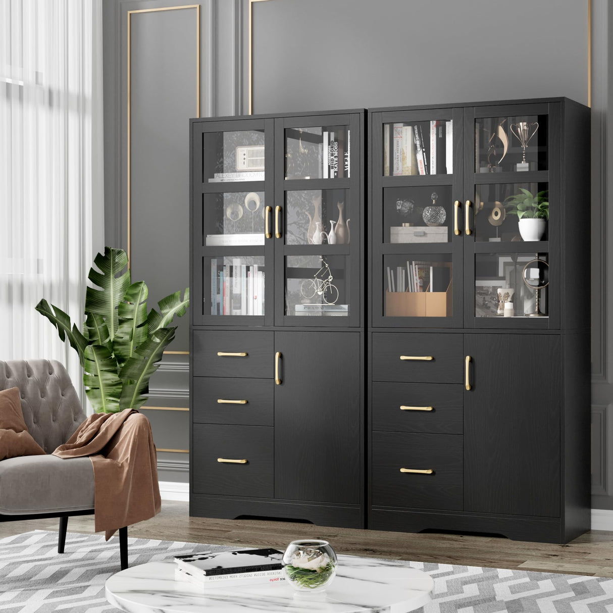 HIFIT Tall Storage Cabinet with 2 Glass Display Door & Shelves & 3 Drawer, 67"H Tall Kitchen Pantry Cabinet with Gold Handles, Modern Linen Cabinet HIFIT