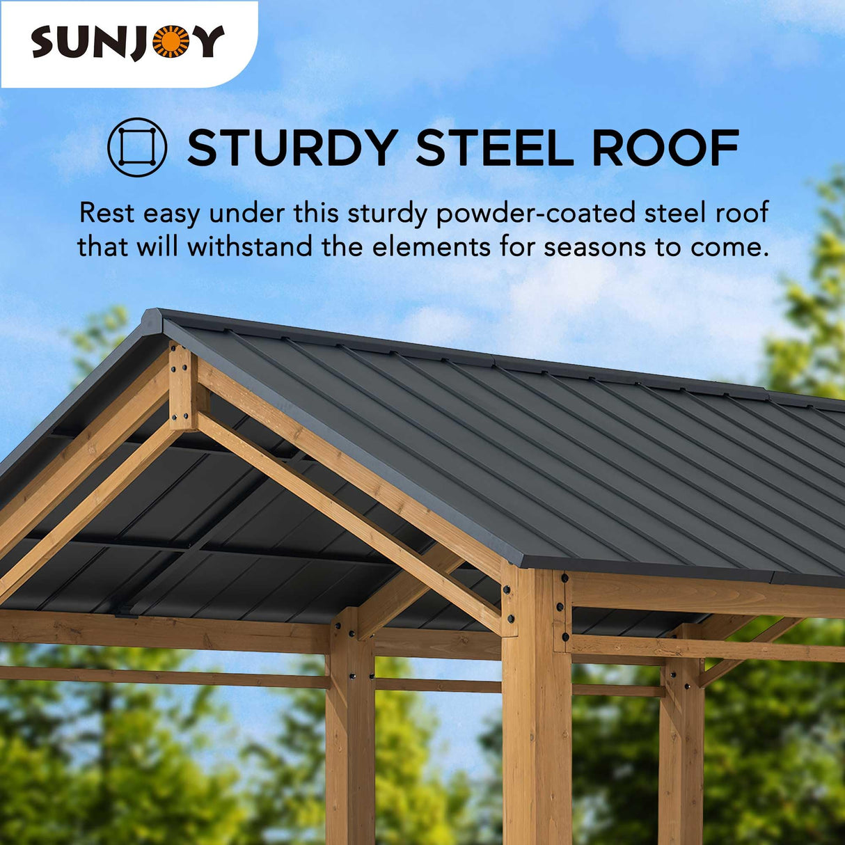 Sunjoy Wood Carport 11 x 13 ft. Outdoor Gazebo, Heavy Duty Garage Car Shelter with Steel Roof and Wooden Frame, Gable Roof Cedar Carport for Cars and Sunjoy