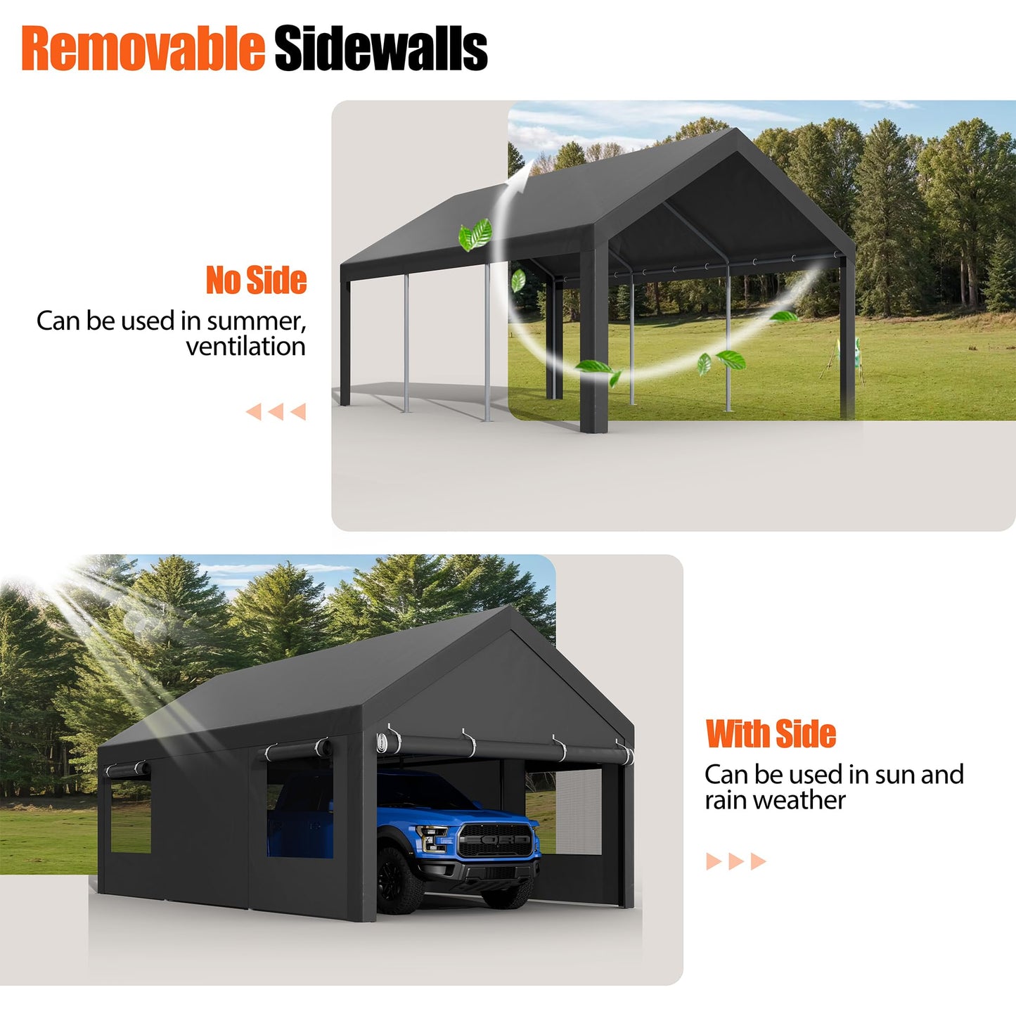 JAMFLY Carport, 12x20 Heavy Duty Carport Canopy with Roll-up Windows, Portable Garage with Removable Sidewalls & Doors, Car Canopy with All-Season