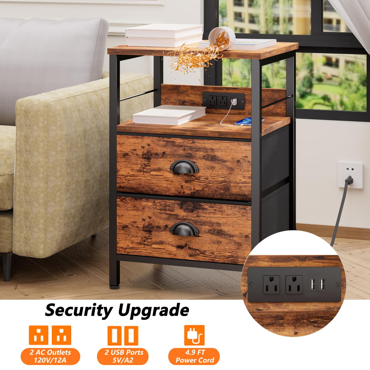 Furologee Nightstand Set of 2, Rustic Brown, with Charging Station and USB Ports, Side Tables with 2 Fabric Drawers, Bedside Tables with Storage Furologee