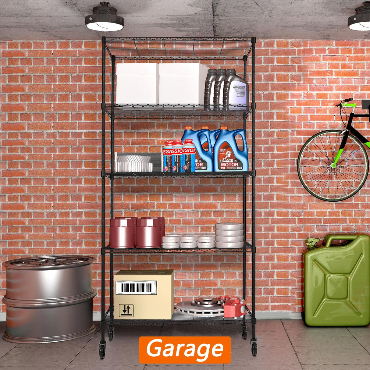 5-Shelf Adjustable Heavy Duty Storage Shelving Unit on 4 Wheel Casters, Metal Organizer Wire Rack for Laundry Bathroom Kitchen Pantry Closet, Black Soywey