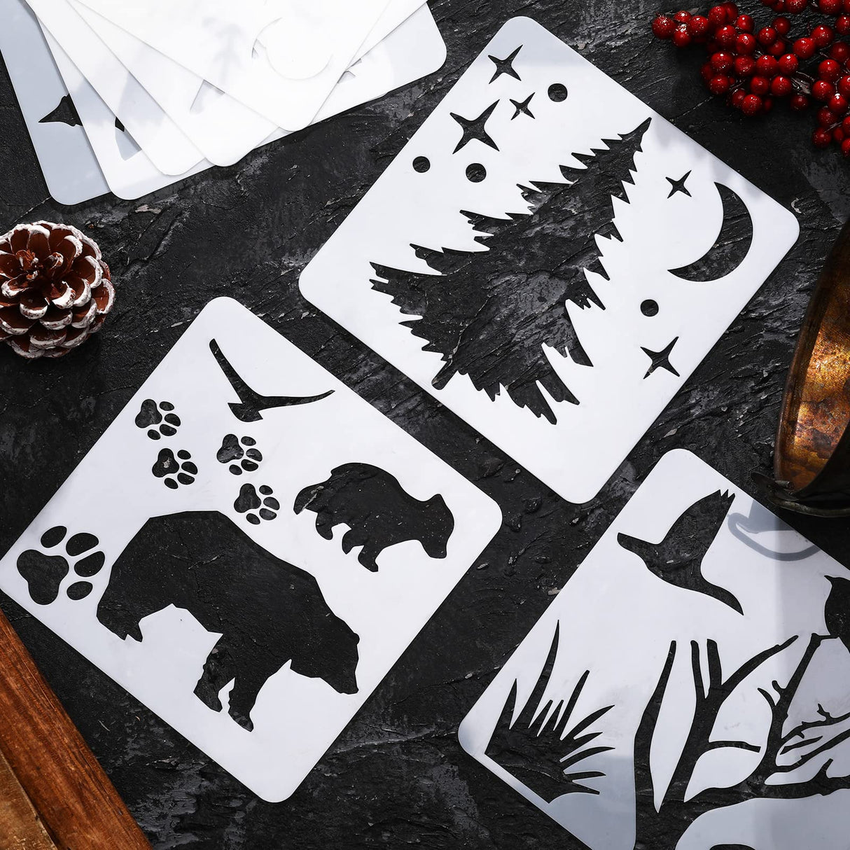 20 Pieces Stencil Template for Painting Reusable Animal Plant Spring Summer Winter DIY Christmas Stencils for Painting on Wood Wall Home Decor Outus