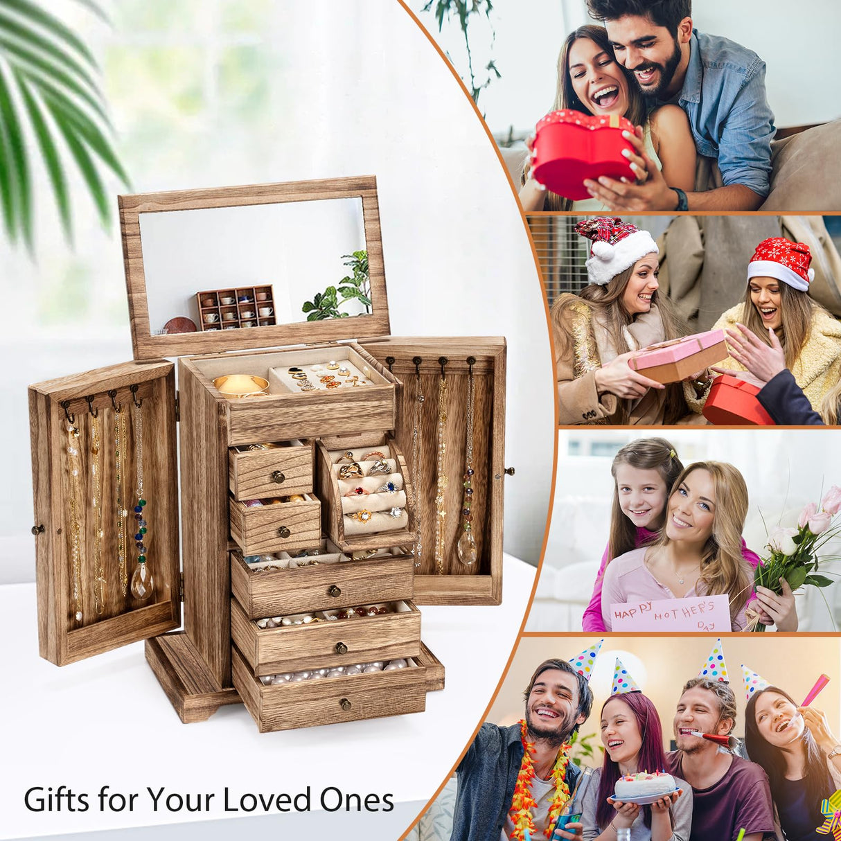 Yoimori Jewelry Box for Women, Rustic Wooden Jewelry Boxes & Organizers with Mirror & Drawers,6 Layer Jewelry Organizer Box for Rings Earrings Yoimori