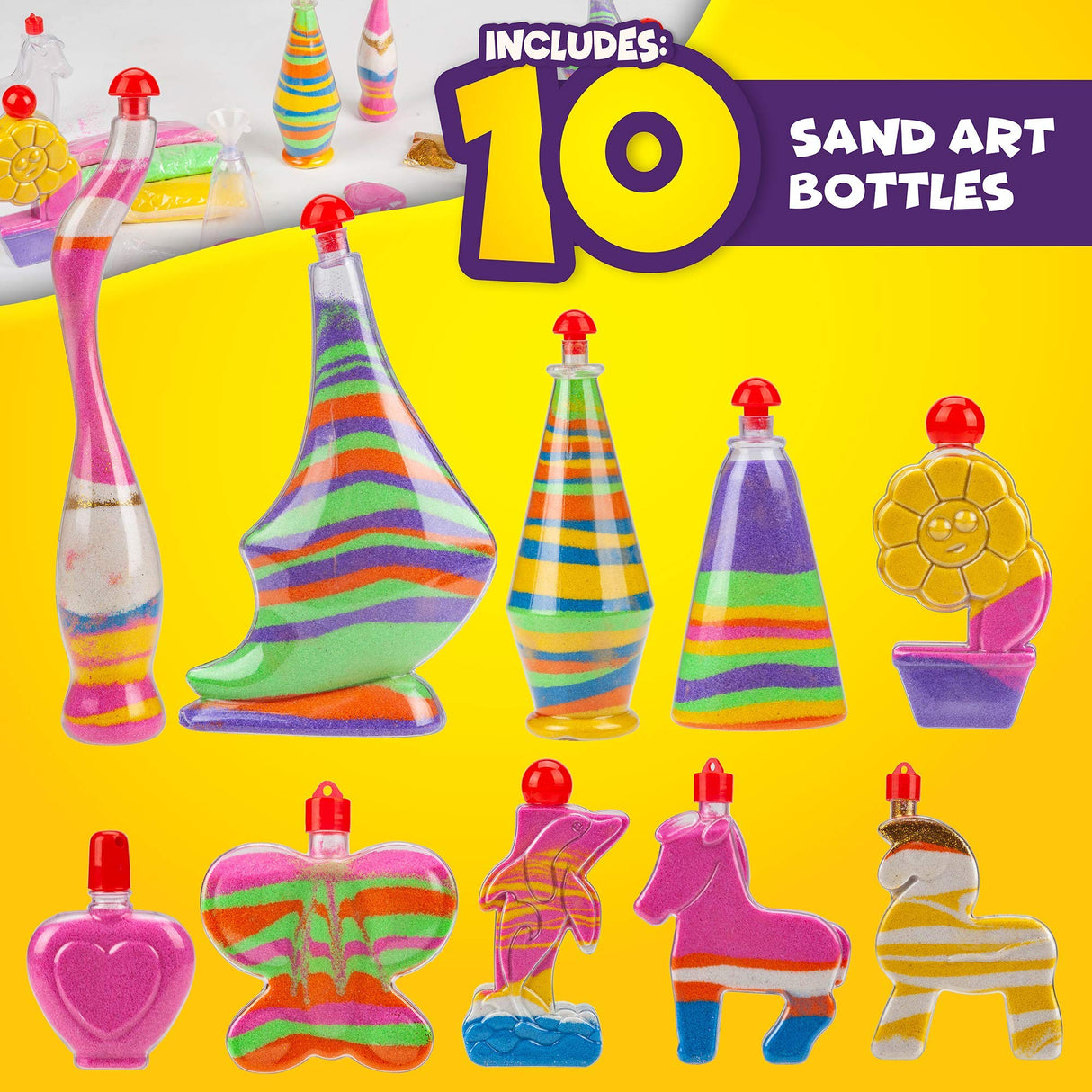 Creative Kids Sand Art Activity Kit for Kids - 10 Sand Art Bottles and 10 Colored Cool Sand Bags + Glitter Sand - Create Your Own Sand Art - DIY Arts Creative Kids
