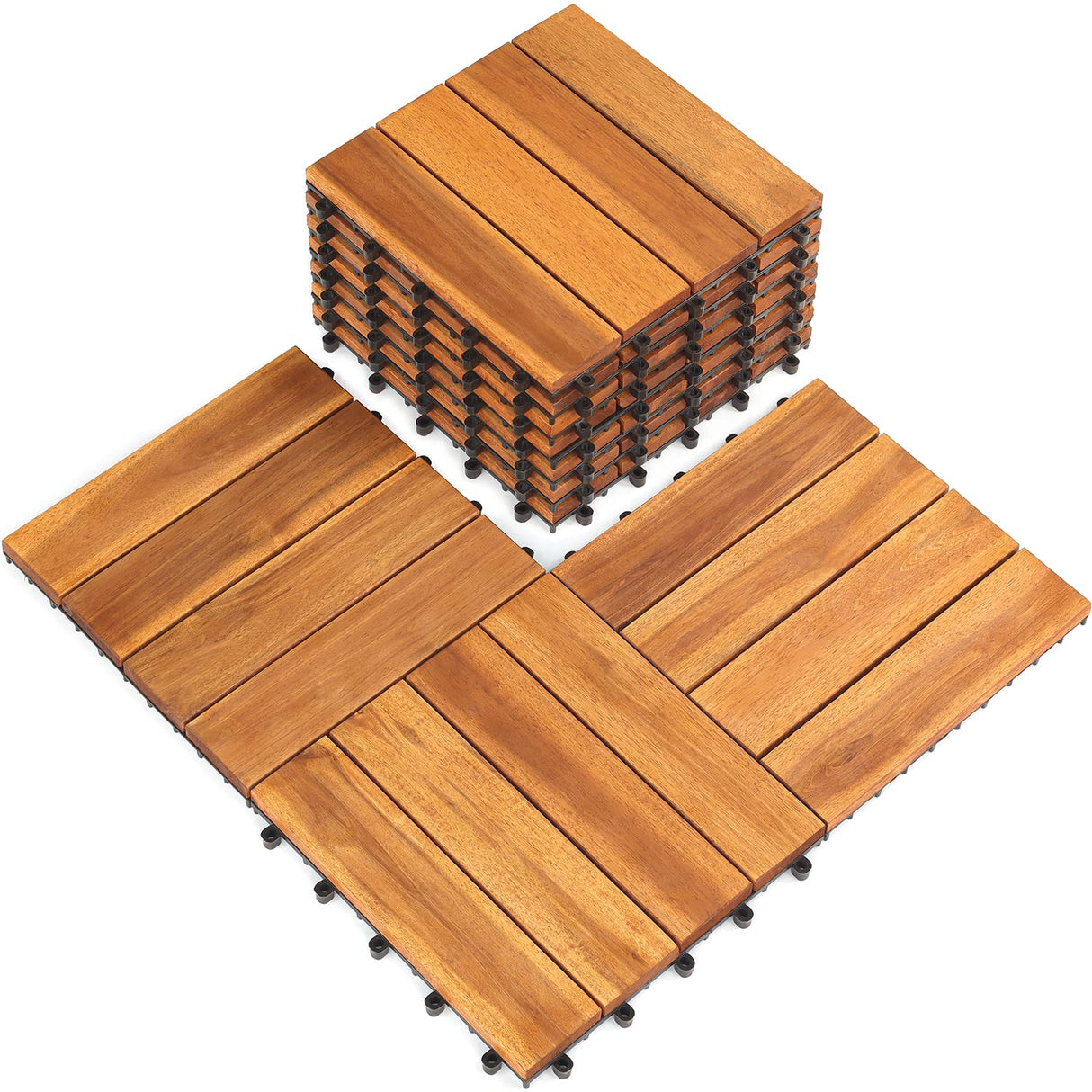 Interlocking Deck Tile (Pack of 10, 12"x12") Acacia Hardwood Deck Tile, Interlocking Patio Tile in Solid Acacia Wooden Oiled Finish Waterproof All LOAQUA