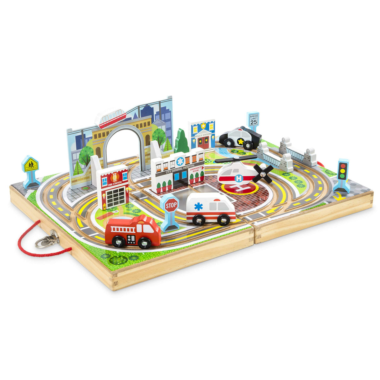 Melissa & Doug 18-Piece Wooden Take-Along Tabletop Town, 4 Rescue Vehicles, Play Pieces, Bridge , 15.4 x 11.0 x 2.6 Melissa & Doug