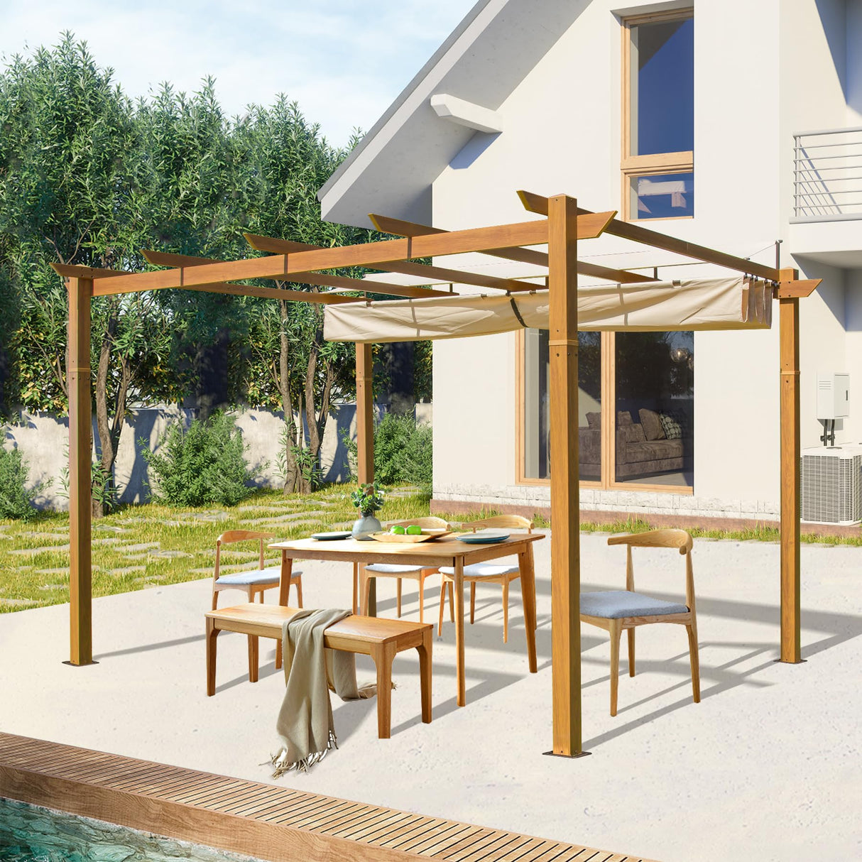 Domi 9’x13' Outdoor Retractable Pergola Against The Wall with Sun Shade Canopy, Pergolas and Gazebos Clearance, Patio Metal Canopy for Deck, Garden, domi outdoor living