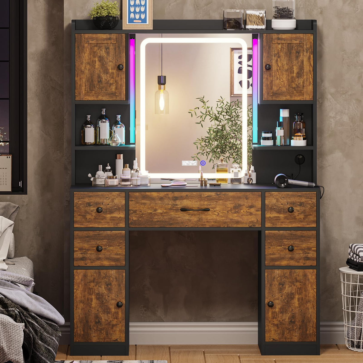 Tiptiper Makeup Vanity with Lights & Charging Station, Vanity Table with Time Display Mirror, Ambient Light, Storage Cabinets, Rustic Brown and Black Tiptiper