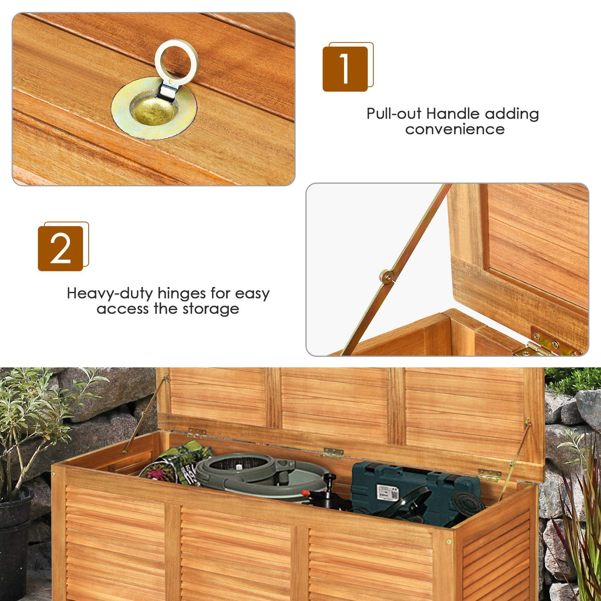 Tangkula 47 Gallon Acacia Wood Deck Box, Garden Backyard Storage Bench, Outdoor Storage Container for Patio Furniture Cushions and Gardening Tools Tangkula