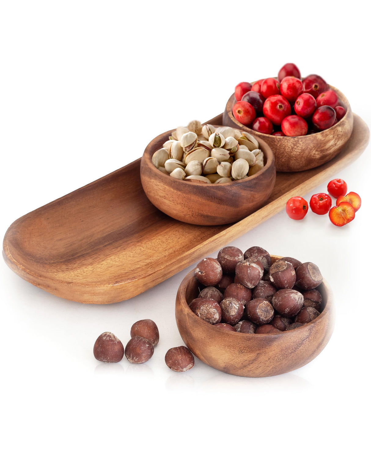 cintika Hand-Carved Set of 4 Acacia Calabash Bowls with Baguette Tray. Durable Wooden Bowl Set. Snack, nut, dip bowl. - Wooden Dinnerware set. 4" cintika